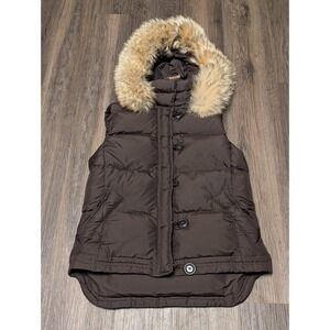 J Crew Womens Puffer Vest Brown Down Filled Hooded Coyote Fur Trim Size S